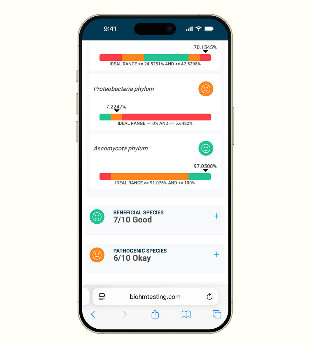 Smartphone displaying a biome testing app with various percentages and categories on the screen.