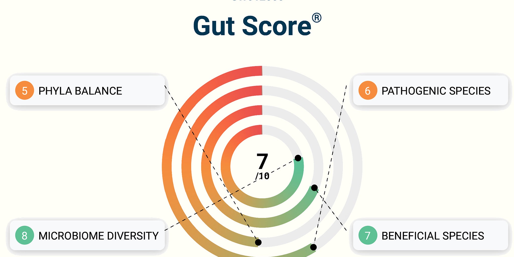 Gut Score diagram with concentric circles labeled for different microbiome metrics.