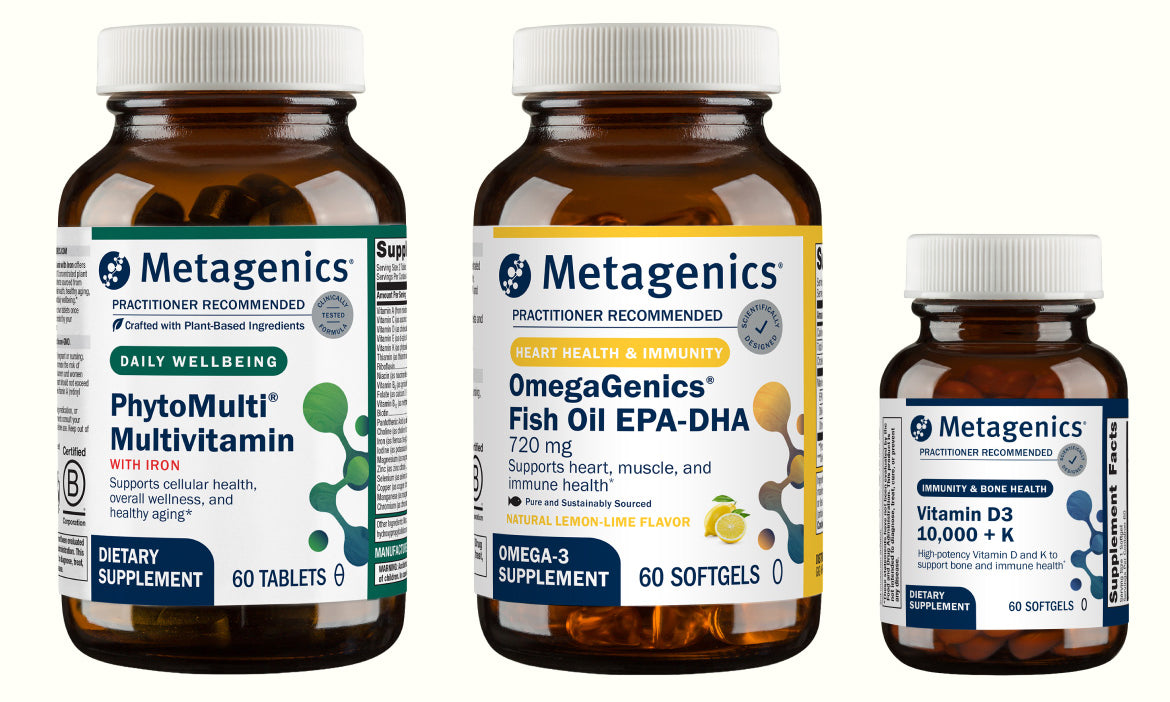 Three Metagenics supplement bottles on a white background