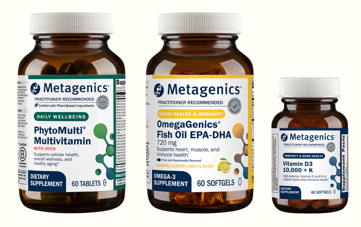 Three Metagenics supplement bottles on a white background
