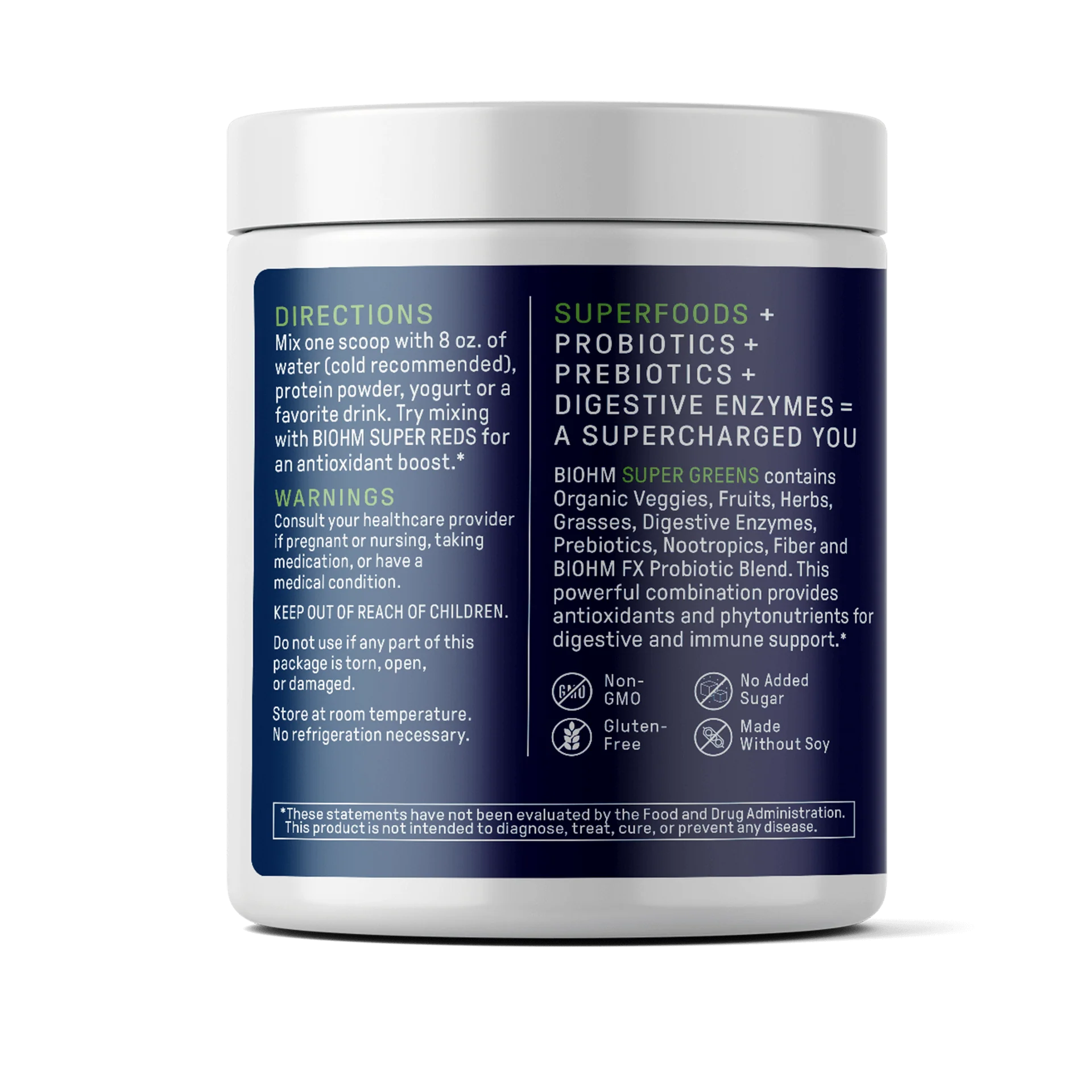 Supplement container with blue label on a white background