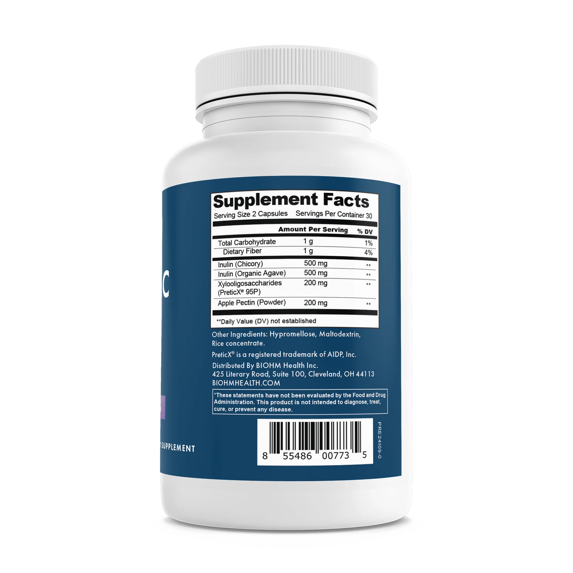 Supplement bottle with a blue label showing 'Supplement Facts' on a white background