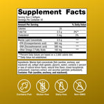 Supplement facts label on a yellow background with icons for allergen-free status.