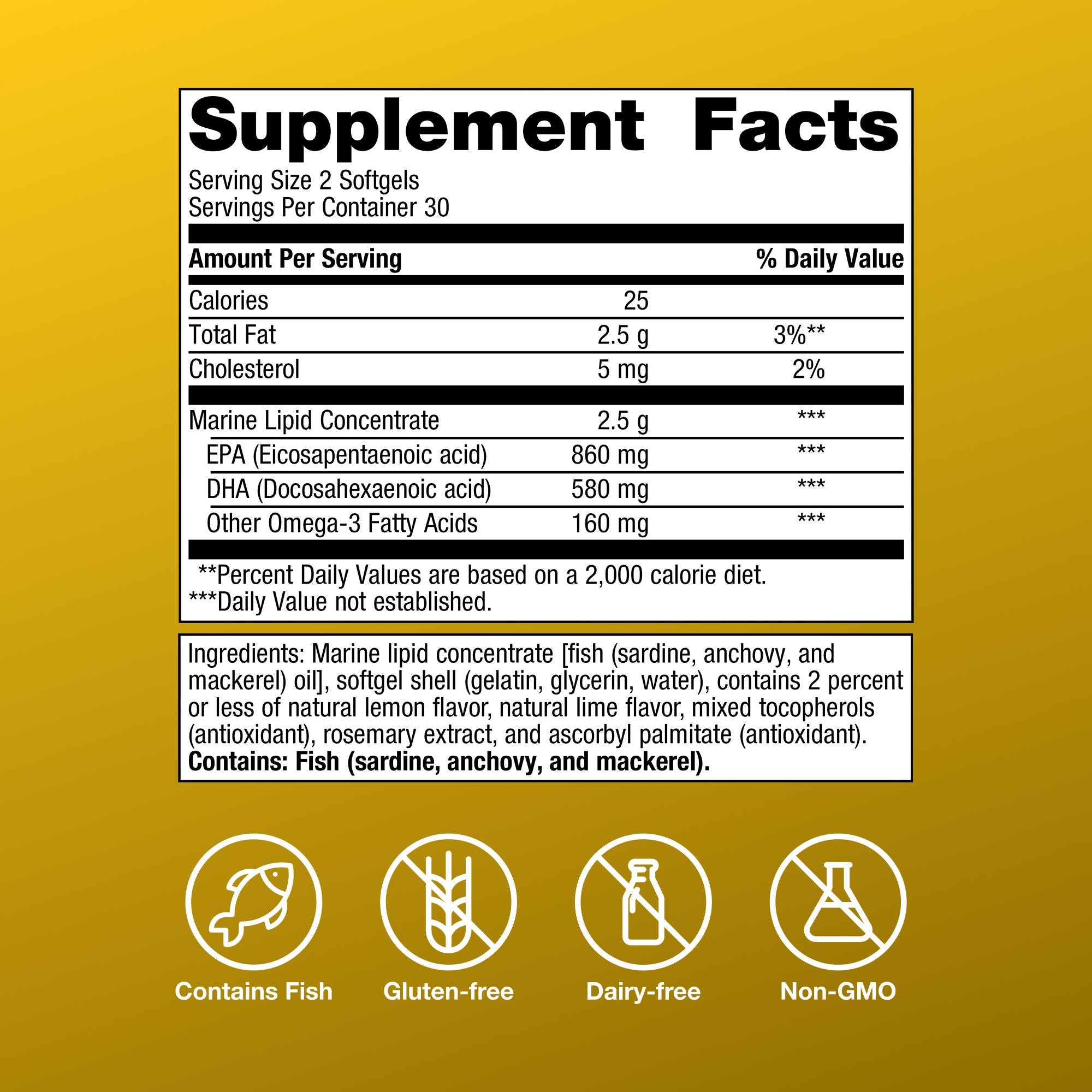 Supplement facts label on a yellow background with icons for allergen-free status.