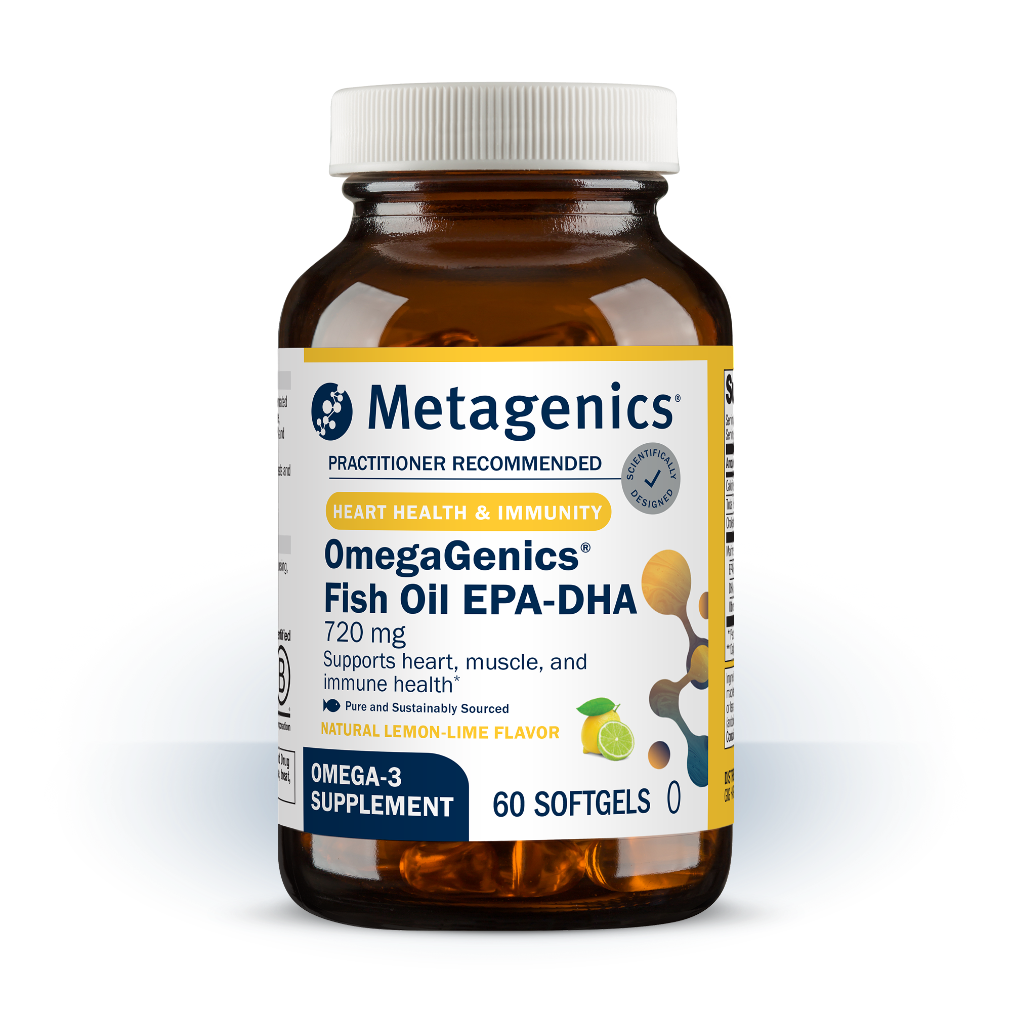 Metagenics OmegaGenics Fish Oil EPA-DHA supplement bottle on a white background