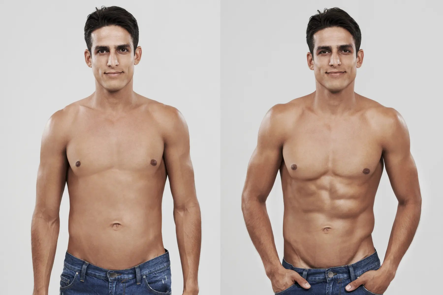 GLP-1 for weight management shown through a before-and-after transformation of male abdominal fat and muscle tone.