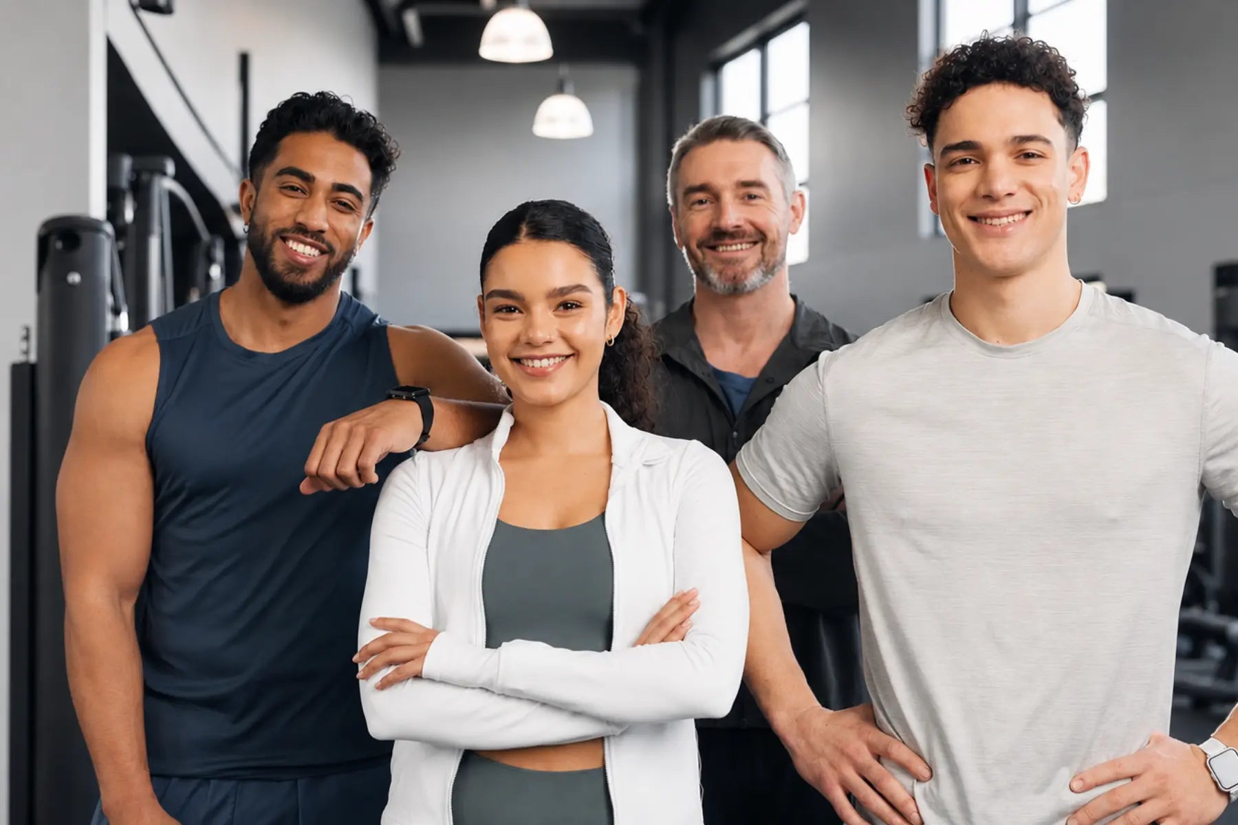 Group of four smiling adults of different ages standing together in a gym after body recomposition training.