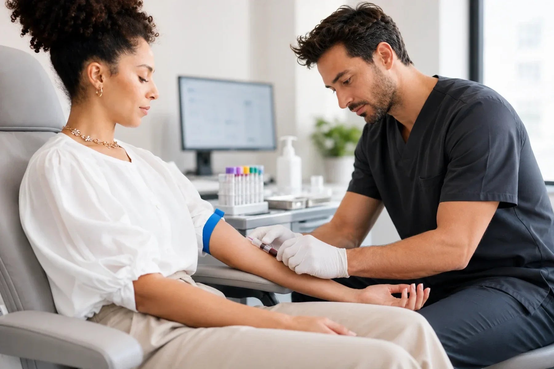 Healthcare worker in scrubs drawing a blood sample from a seated woman's arm for cholesterol testing in a clinic.