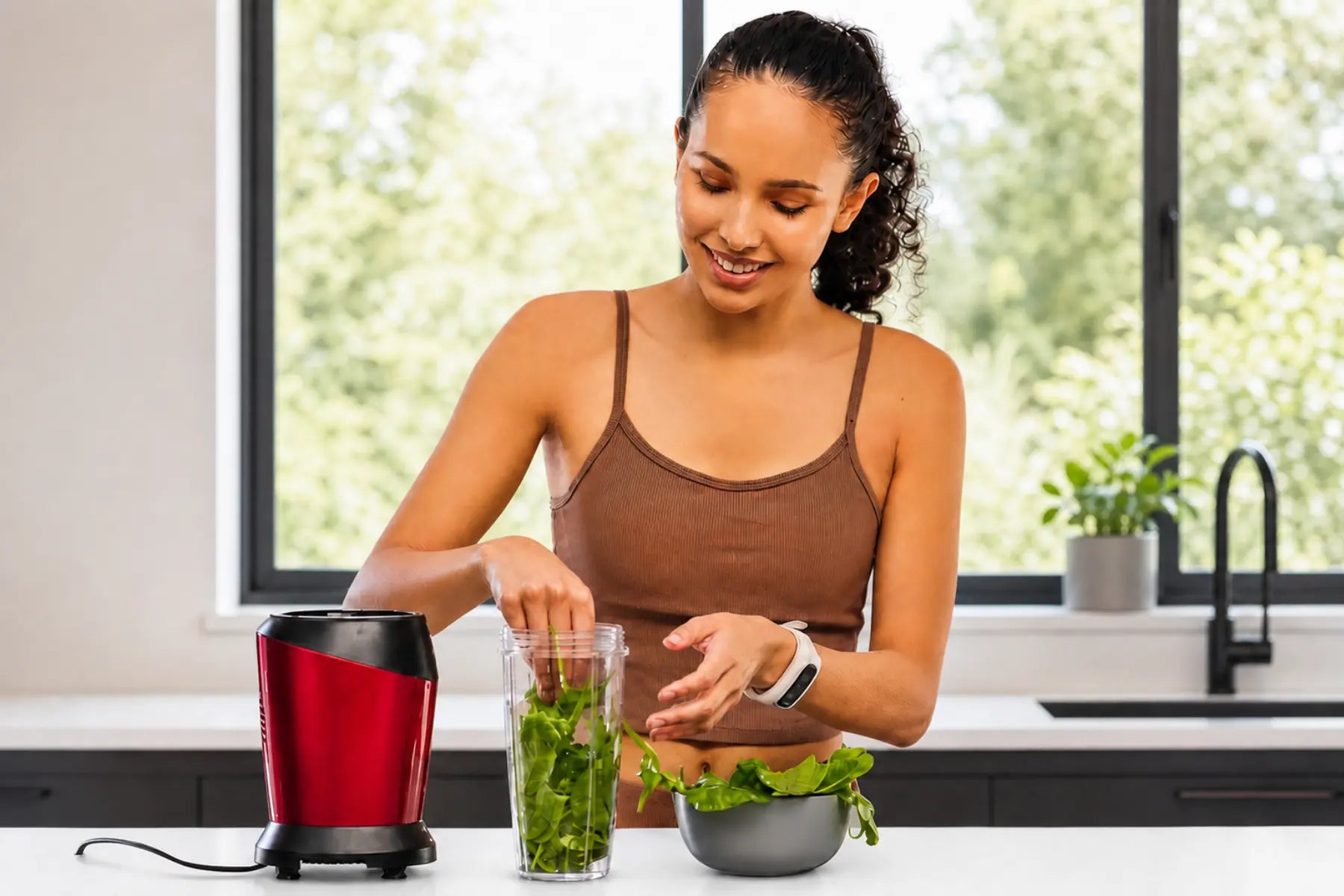 Woman in activewear adding fresh spinach to a blender cup to prepare a macronutrient-balanced smoothie.