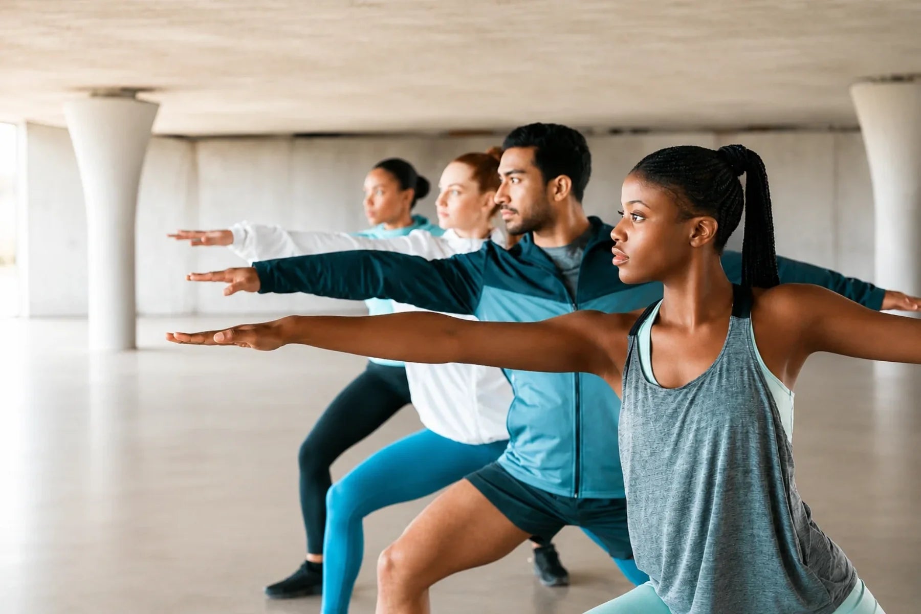 Group of four adults in activewear holding a warrior yoga pose in a row, focusing on movement to relieve body pain.
