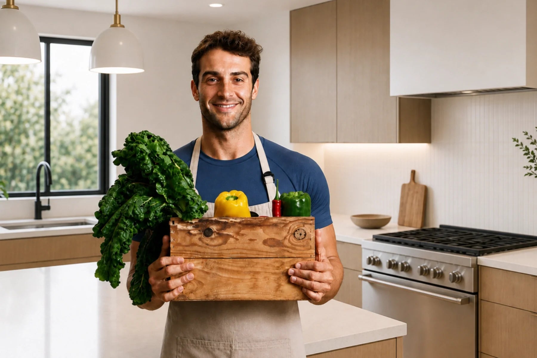 Smiling man in an apron holding a wooden crate of nutrient-dense foods including kale and bell peppers in a modern kitchen.