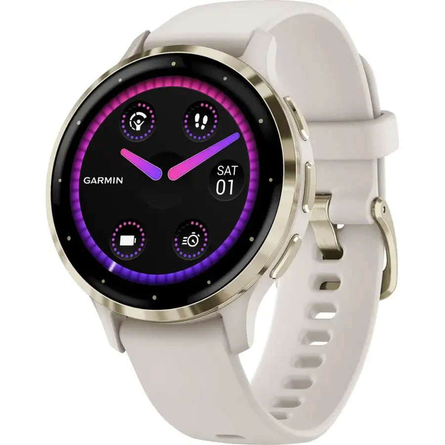 Garmin smartwatch with a white strap on a white background