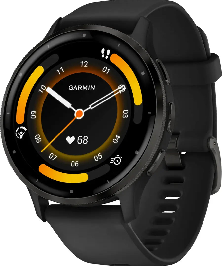 Garmin smartwatch with black strap on a white background