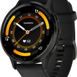 Garmin smartwatch with black strap on a white background