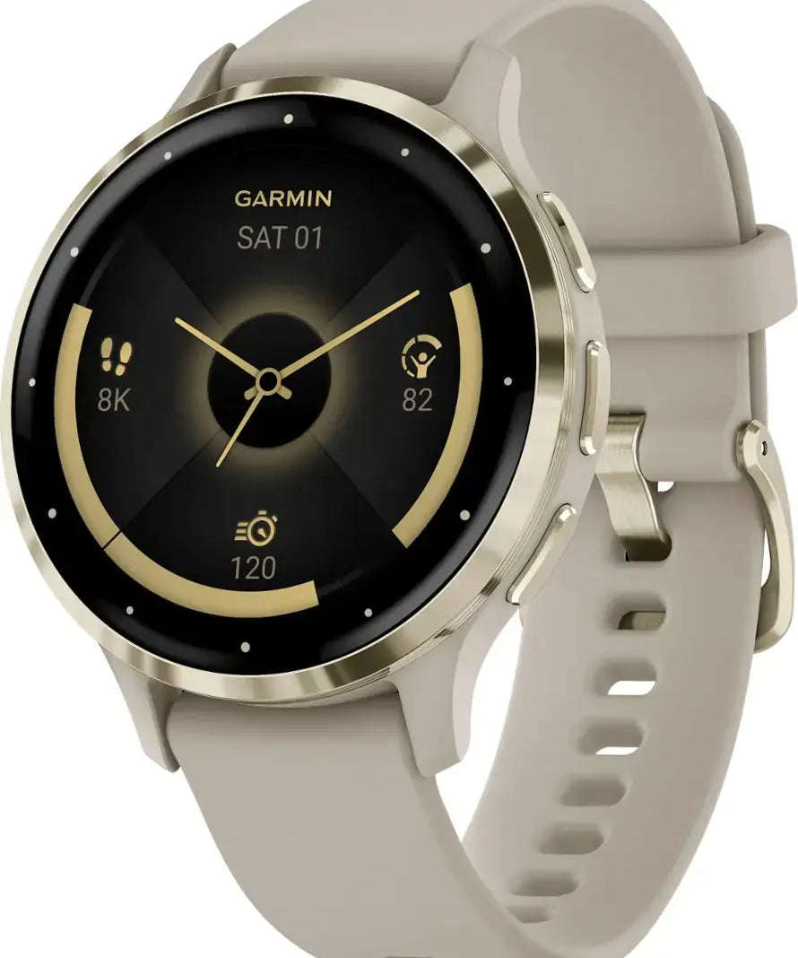 Garmin smartwatch with a beige strap on a white background