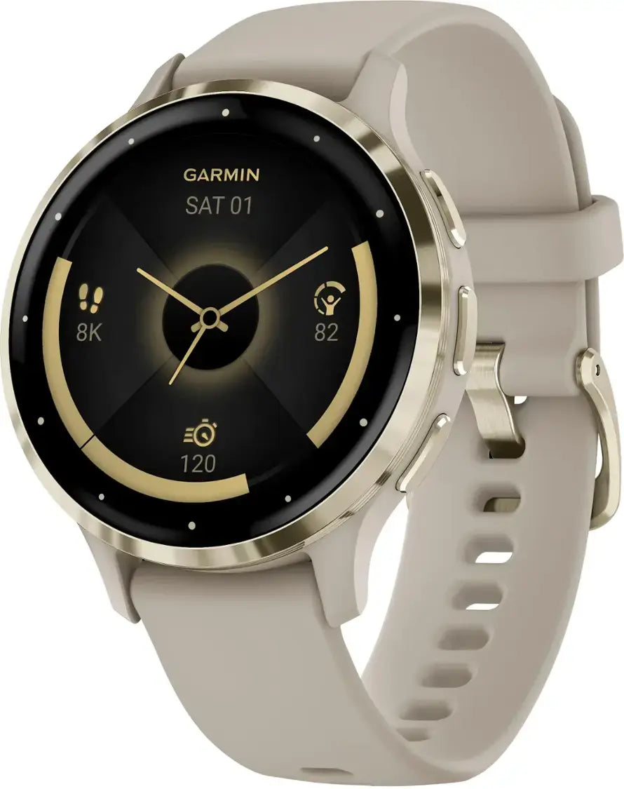 Garmin smartwatch with a beige strap on a white background