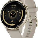 Garmin smartwatch with a beige strap on a white background
