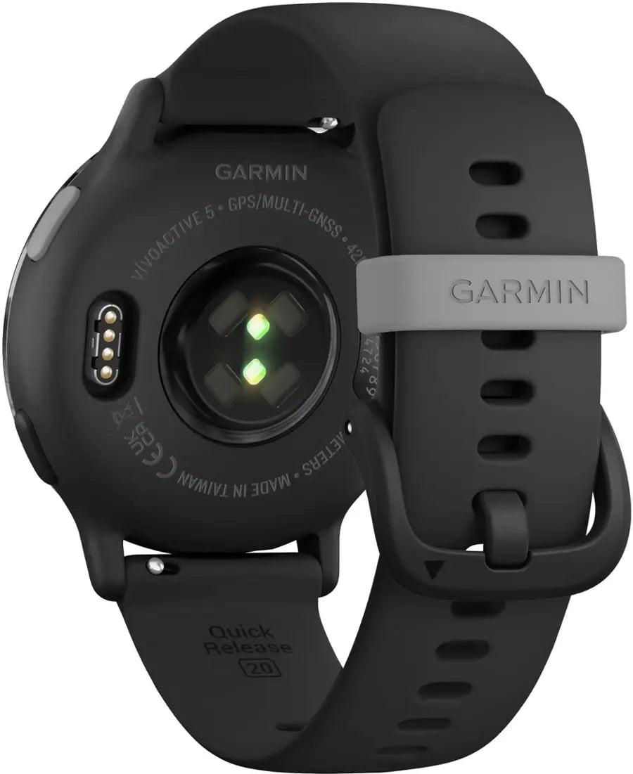 Black Garmin smartwatch with a gray strap on a white background