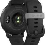 Black Garmin smartwatch with a gray strap on a white background
