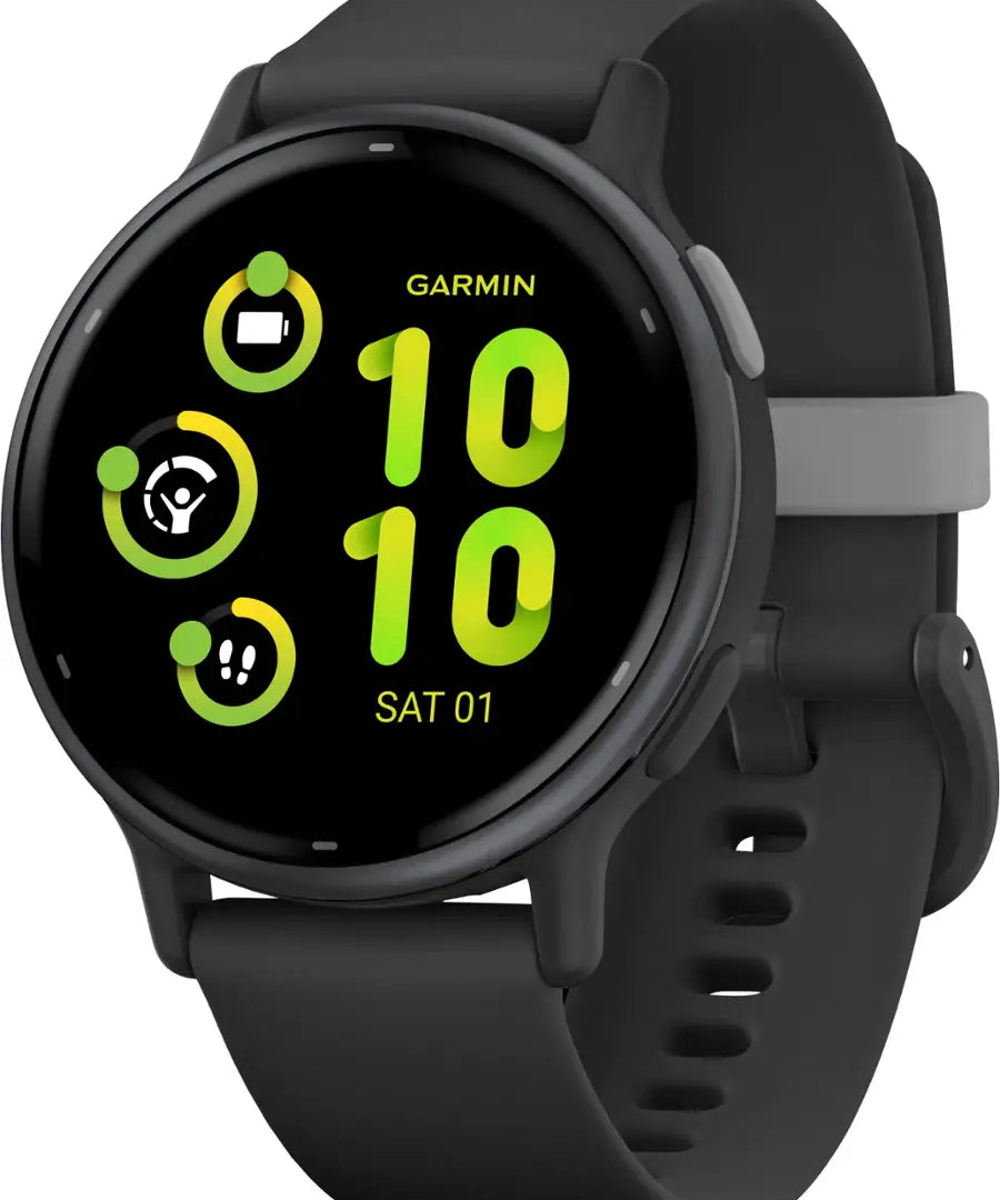 Garmin smartwatch with black strap on a white background