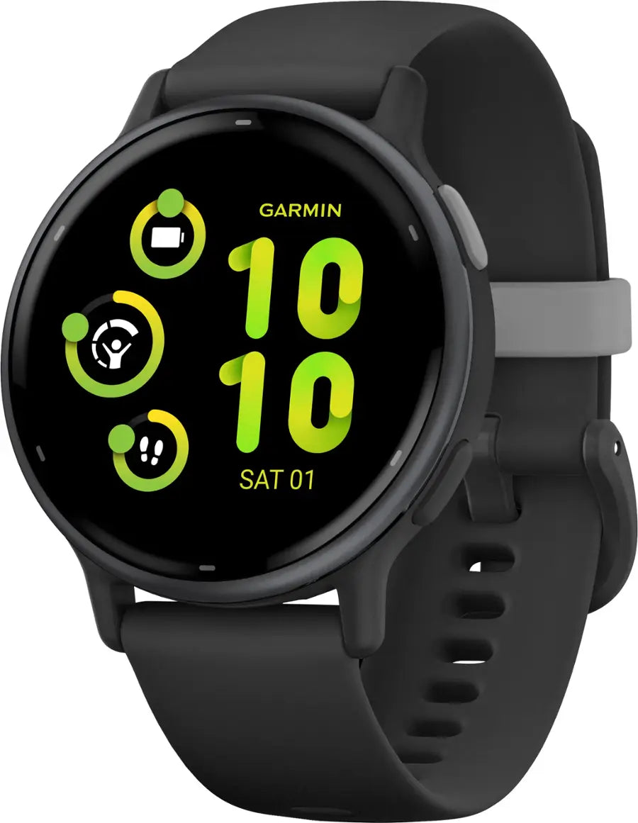 Garmin smartwatch with black strap on a white background