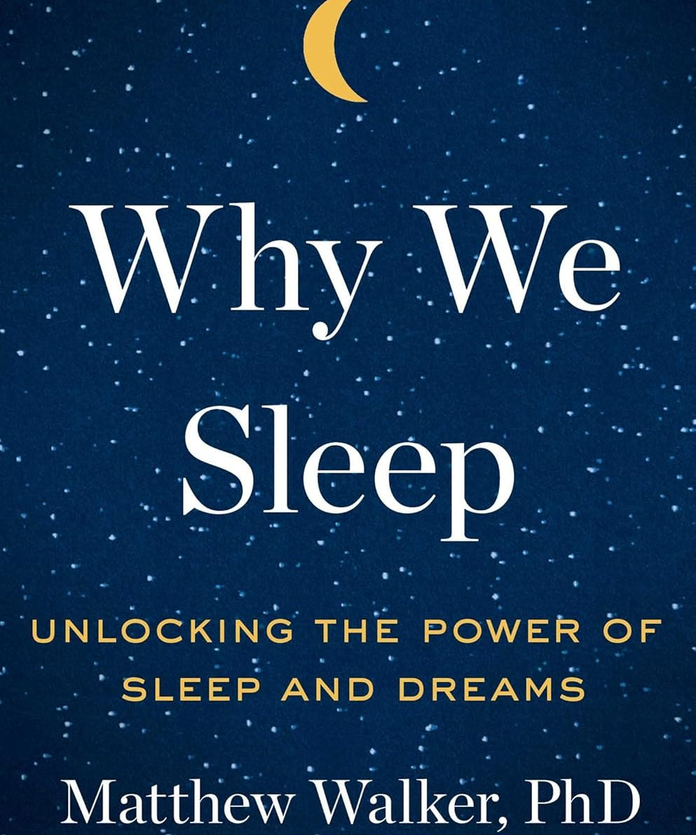 Book cover of 'Why We Sleep' with a night sky design and moon.
