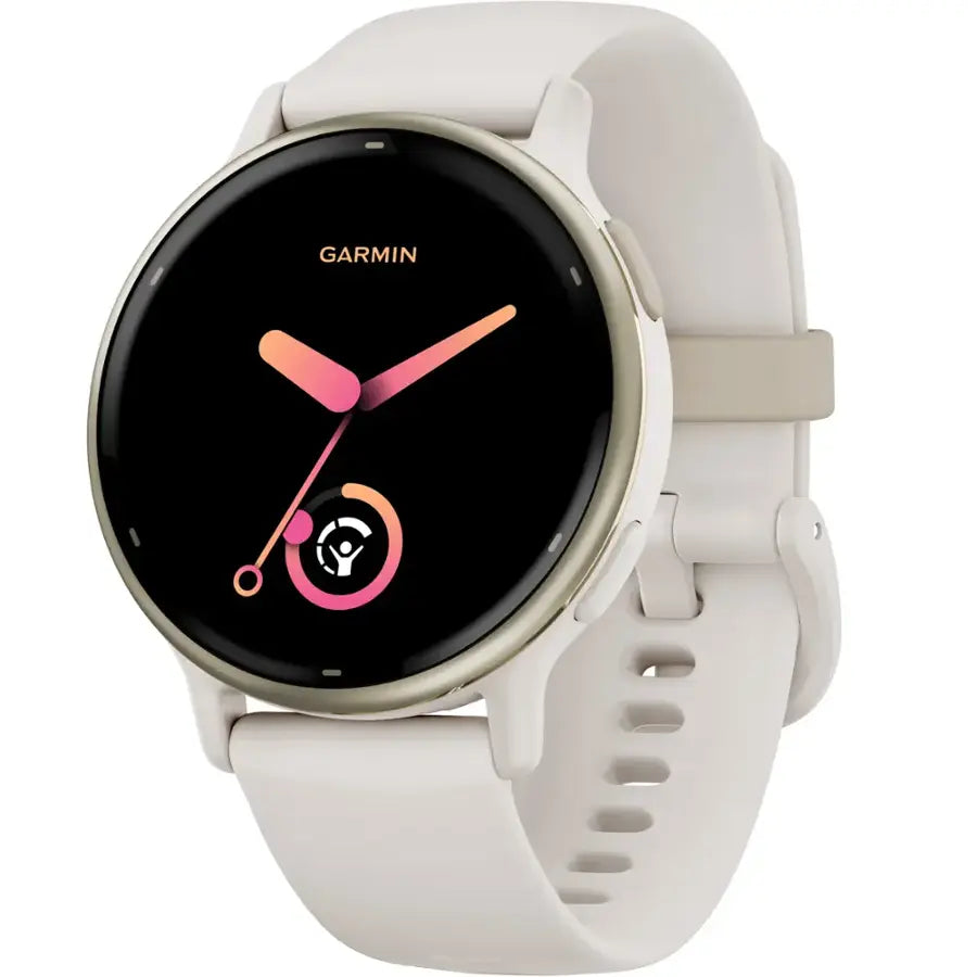 Garmin smartwatch with a white strap on a white background
