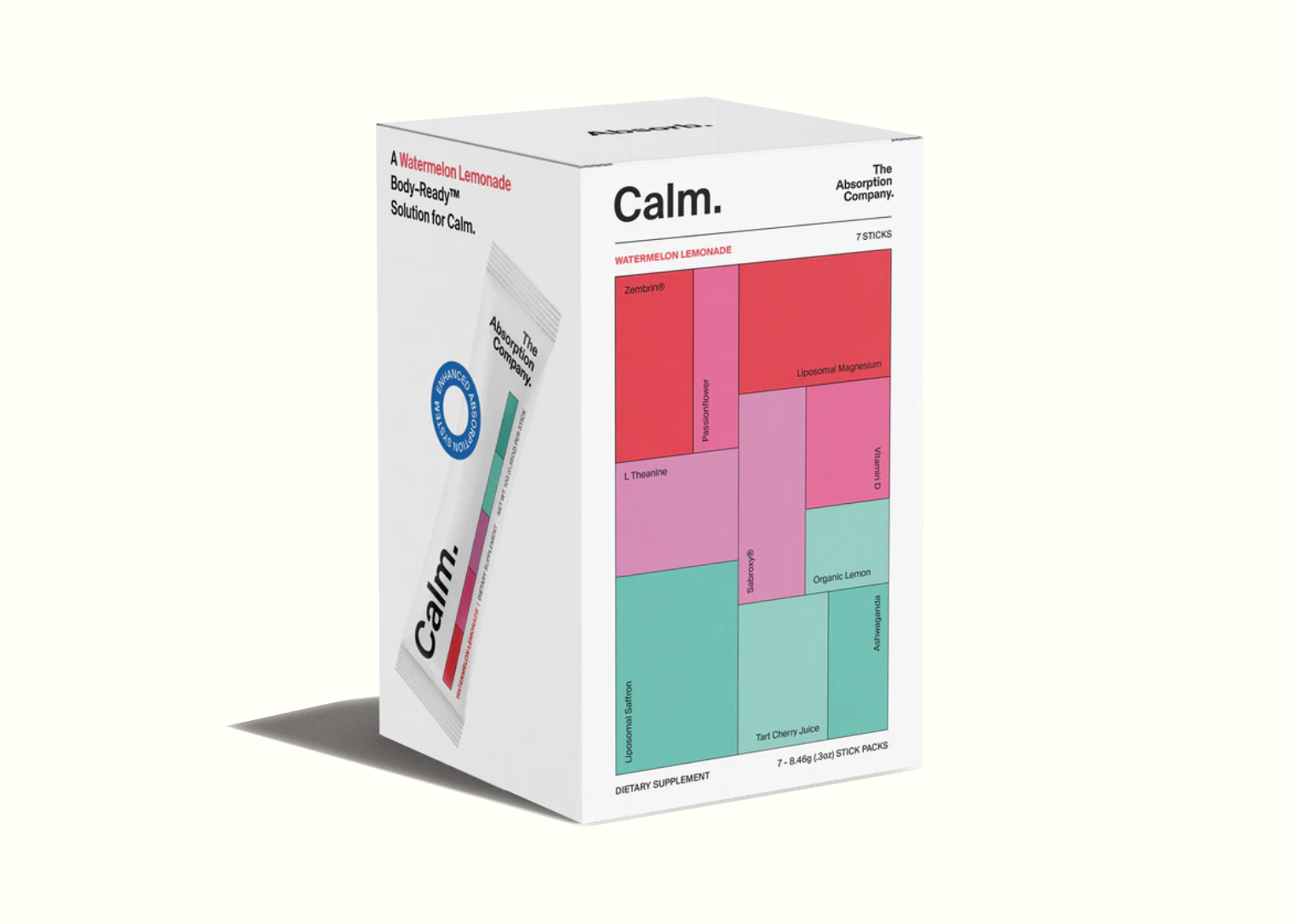 Calm product packaging with colorful design on a white background