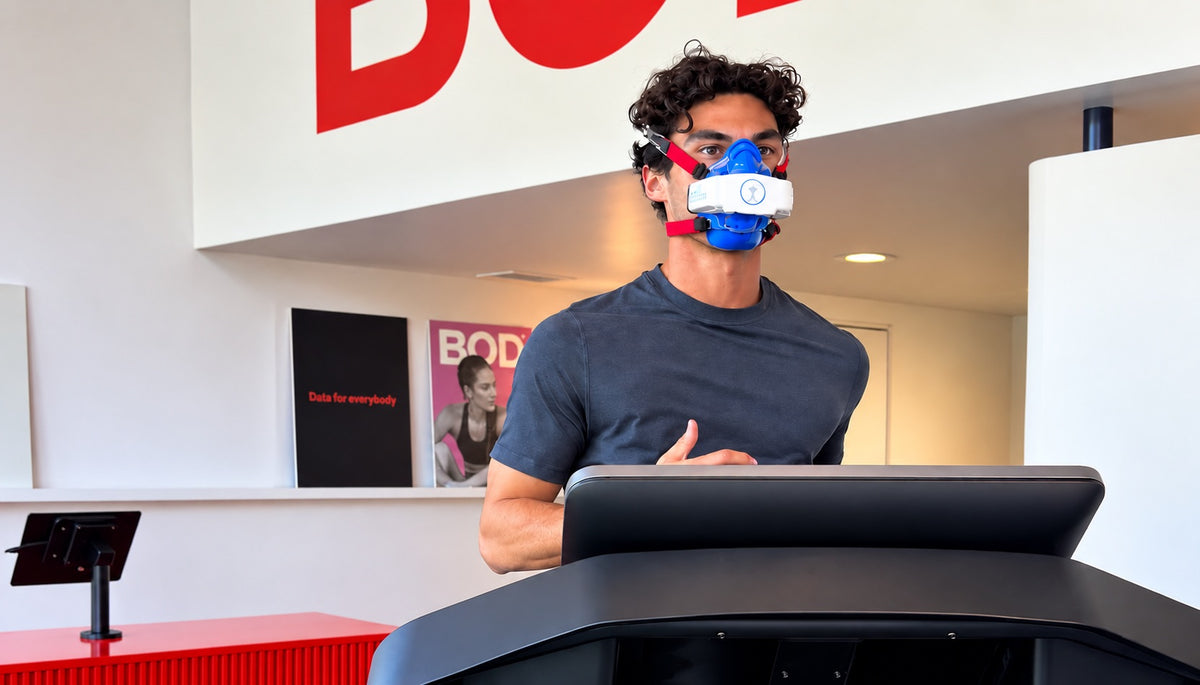 BOD client on a treadmill wearing a VO2 Max test mask