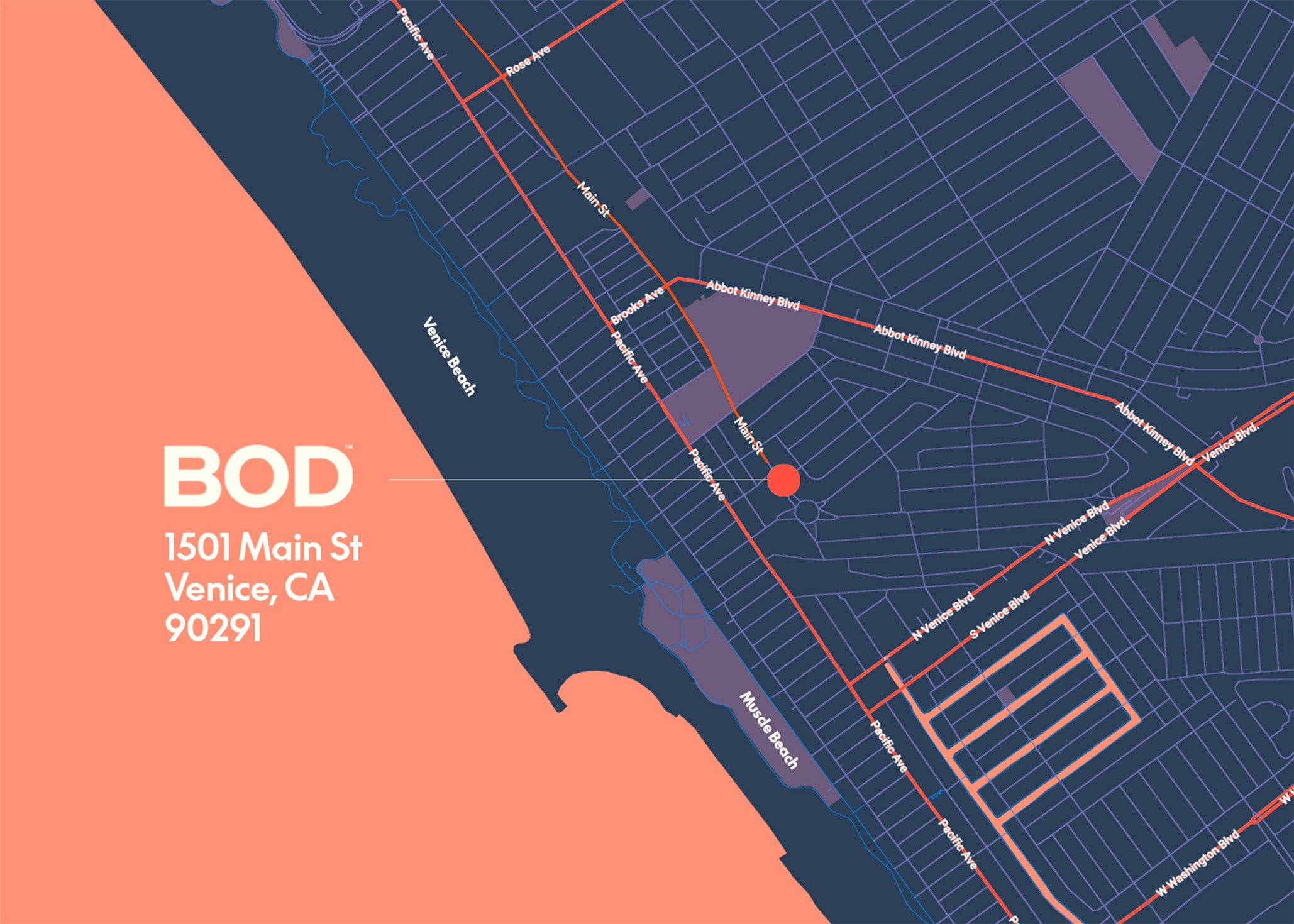 Map with a red dot and address to BOD store located at 1501 Main St, Venice, CA 90291