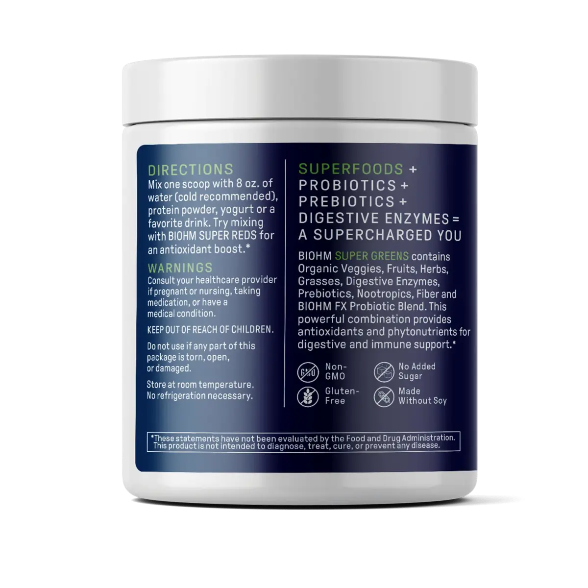 Supplement container with blue label on a white background