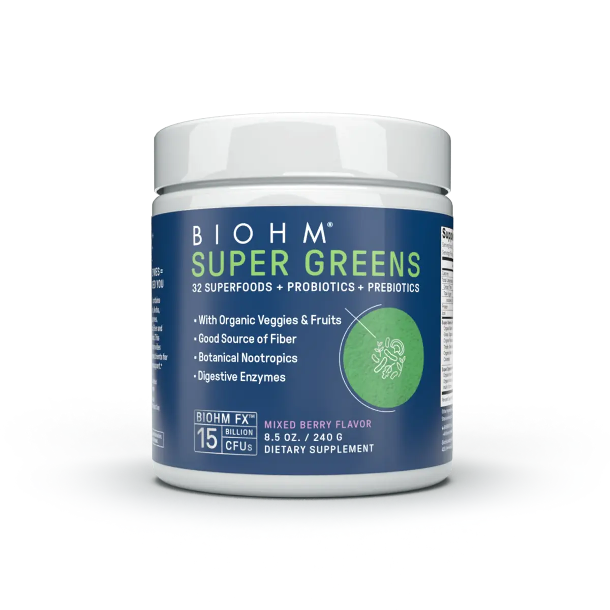 BIOHM Super Greens supplement container on a white background
