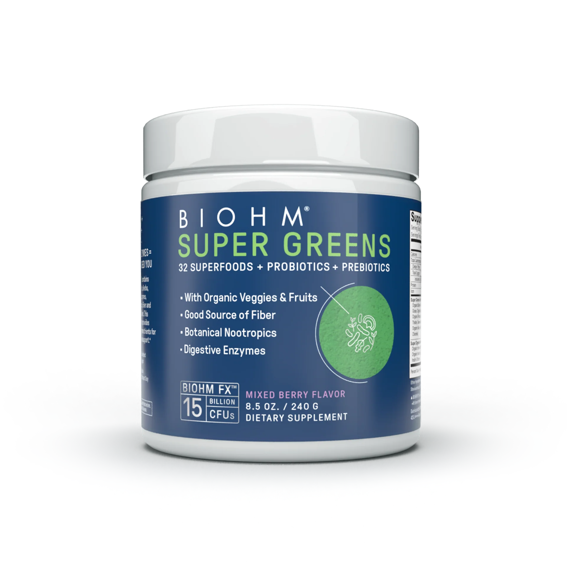 BIOHM Super Greens supplement container on a white background