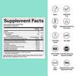 Supplement facts label with various certification logos on a light green background