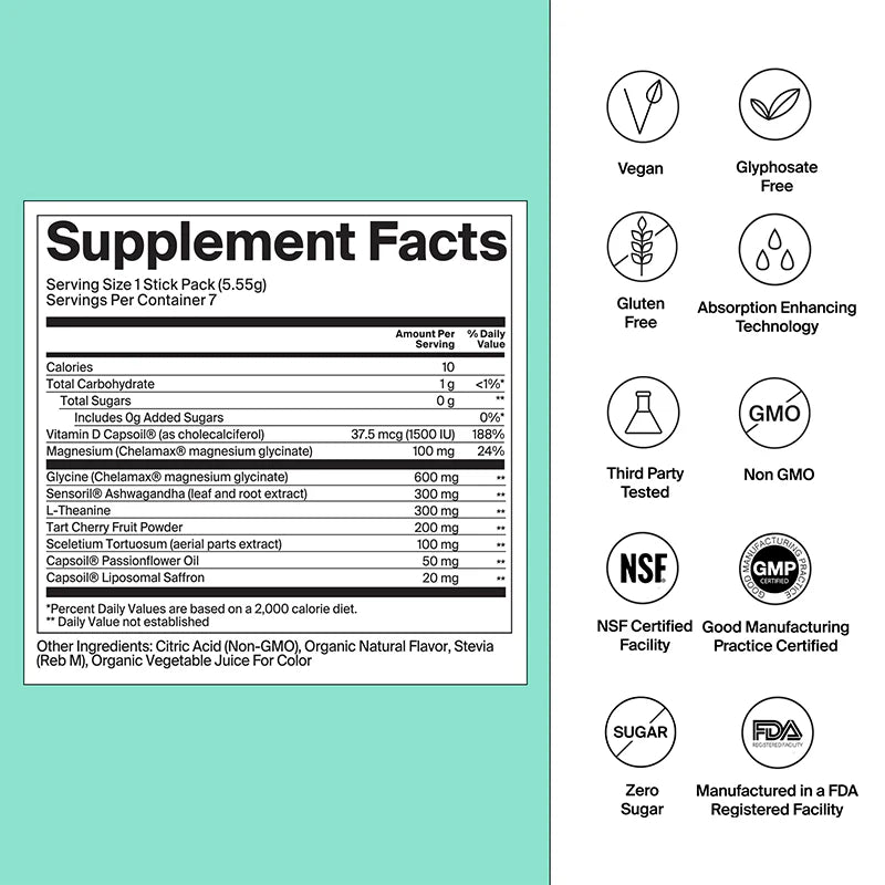 Supplement facts label with various certification logos on a light green background