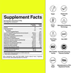 Supplement facts label with various certification logos on a yellow background