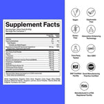 Supplement facts label with various certification logos on a blue and white background