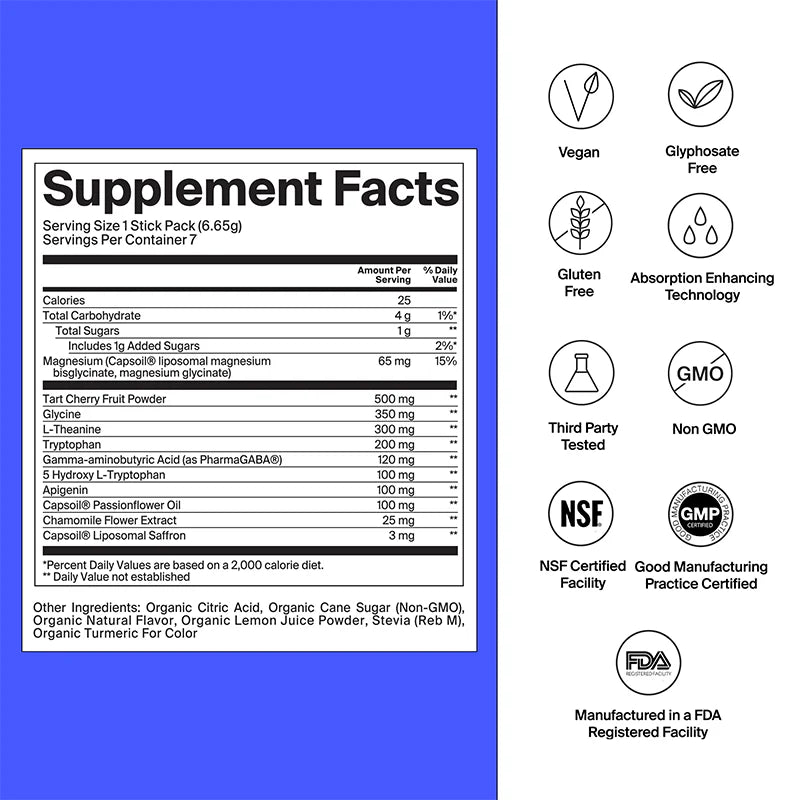 Supplement facts label with various certification logos on a blue and white background