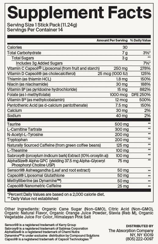 Nutritional label for a supplement stick pack with various vitamins and minerals listed.