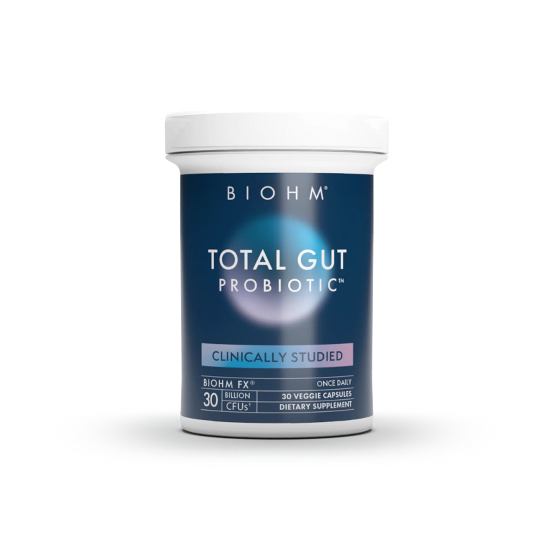 Biohm Total Gut Probiotic container on a white background