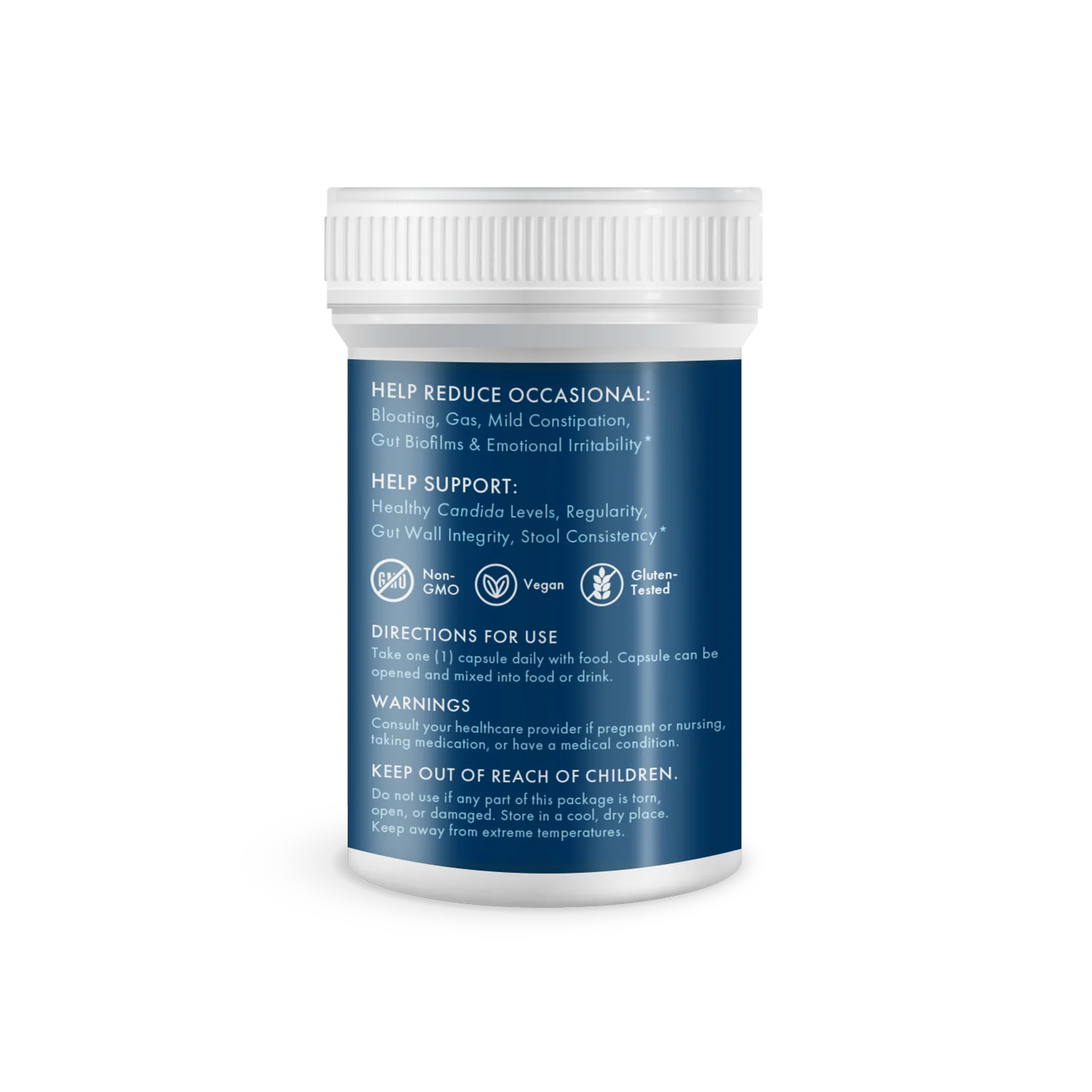Supplement container with blue label on a white background