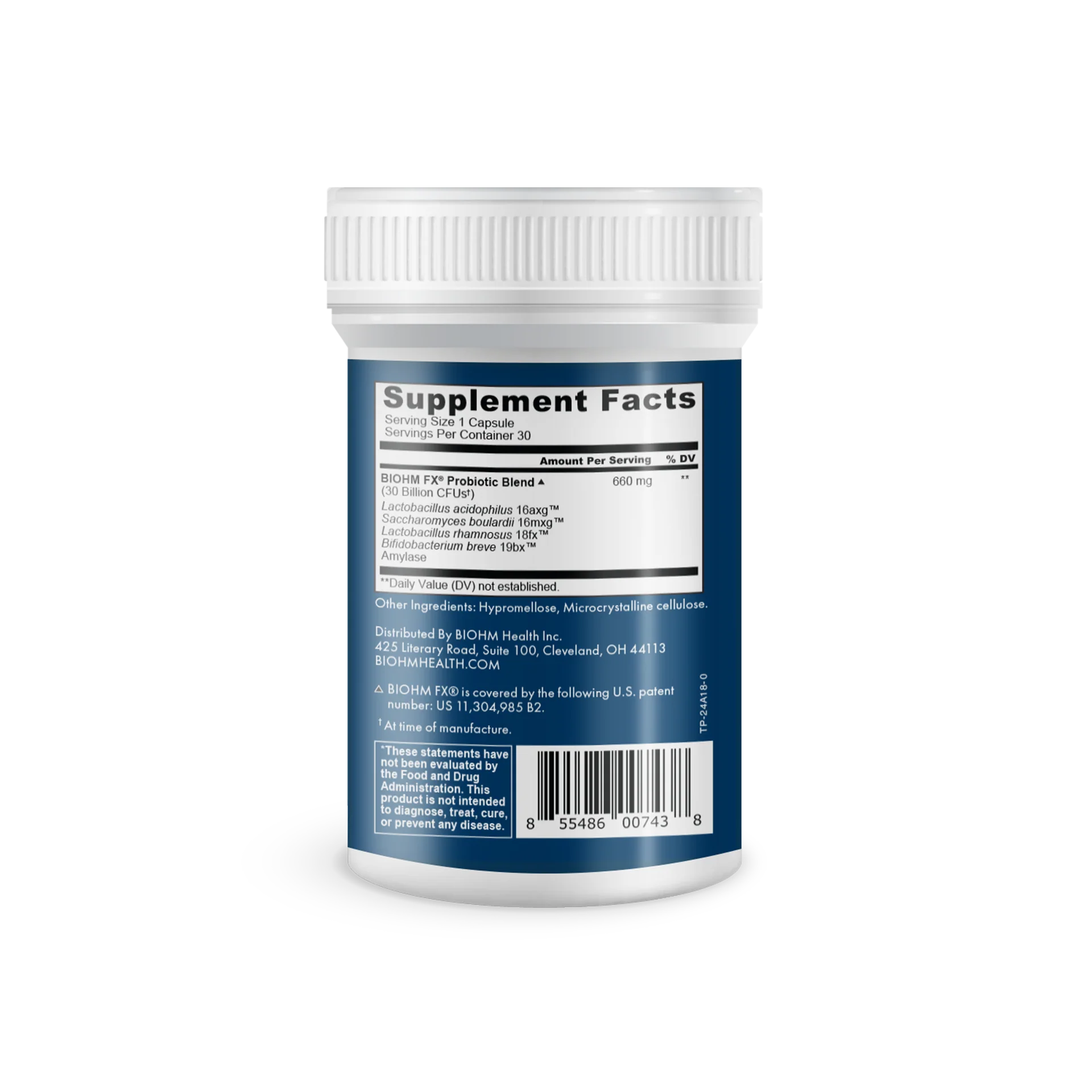 Supplement container with a blue label showing 'Supplement Facts' on a white background