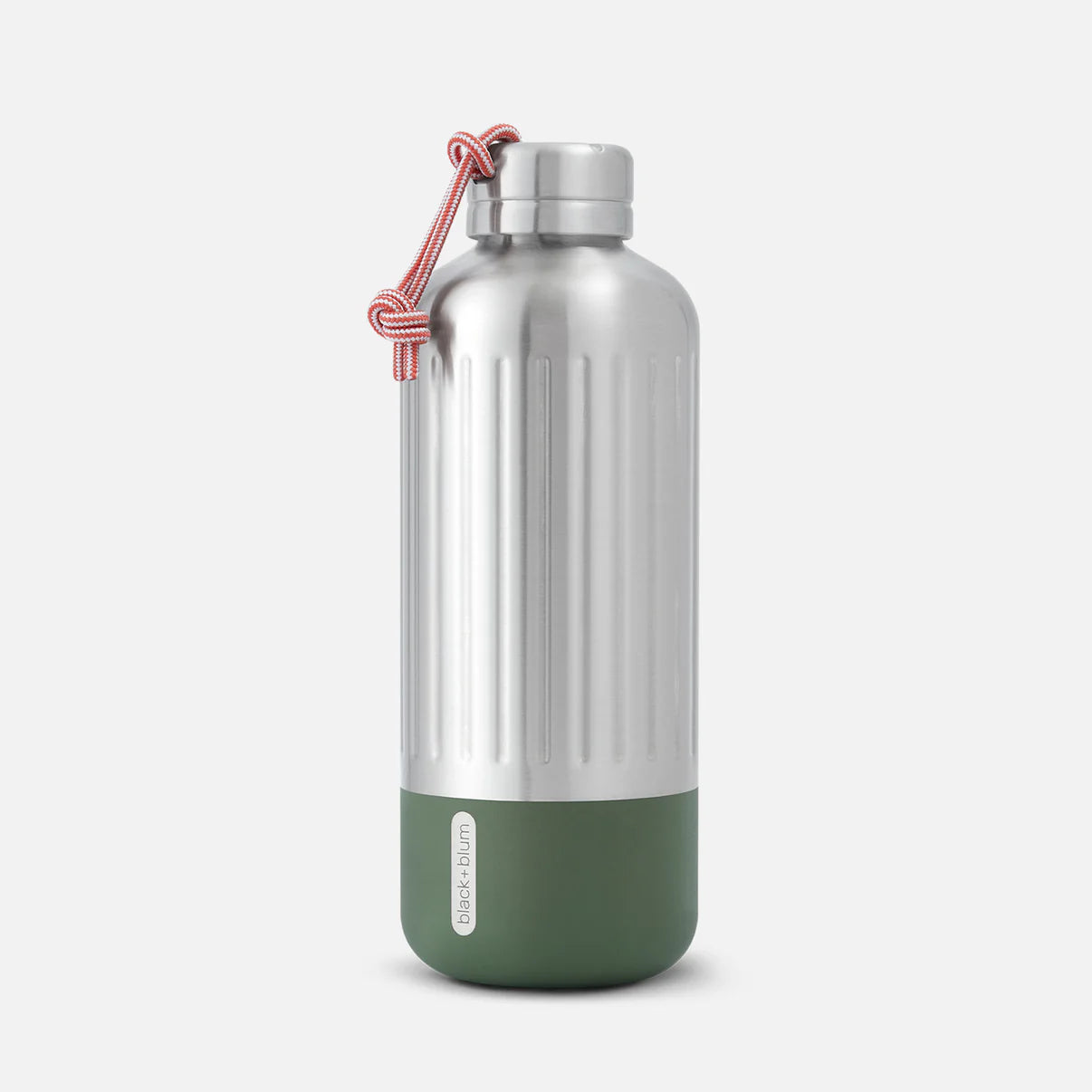 Silver water bottle with a green base on a light gray background