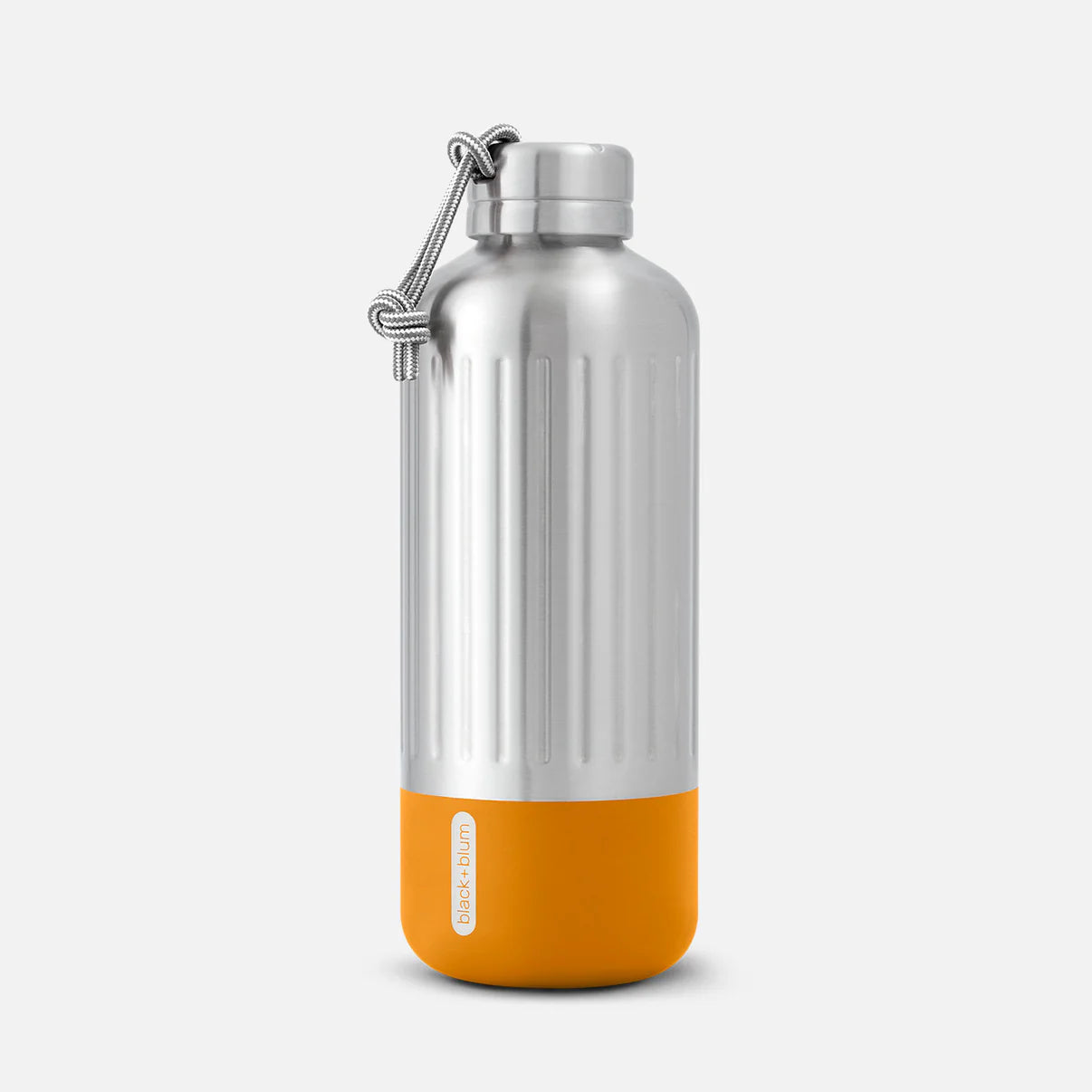 Silver water bottle with an orange base on a light gray background