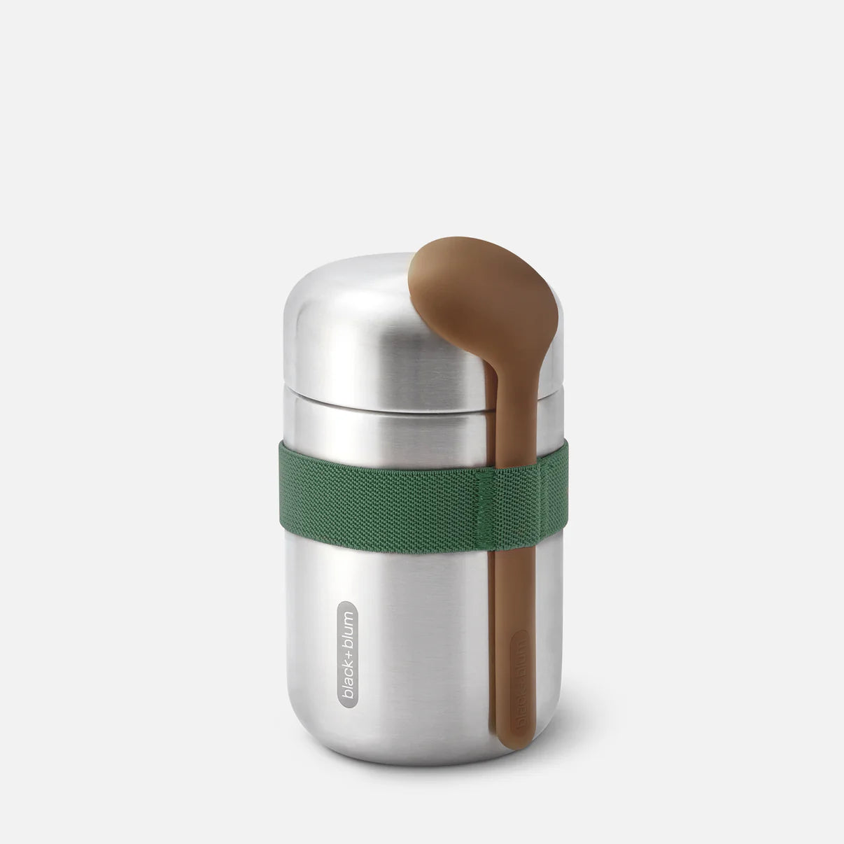 Silver thermos with a brown spoon and green strap on a white background