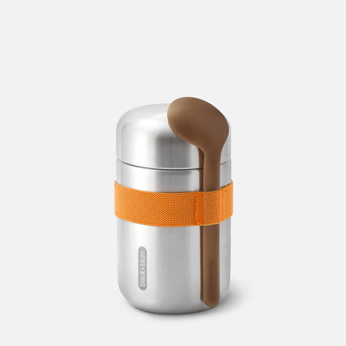 Silver thermos with orange strap and brown spoon on a white background