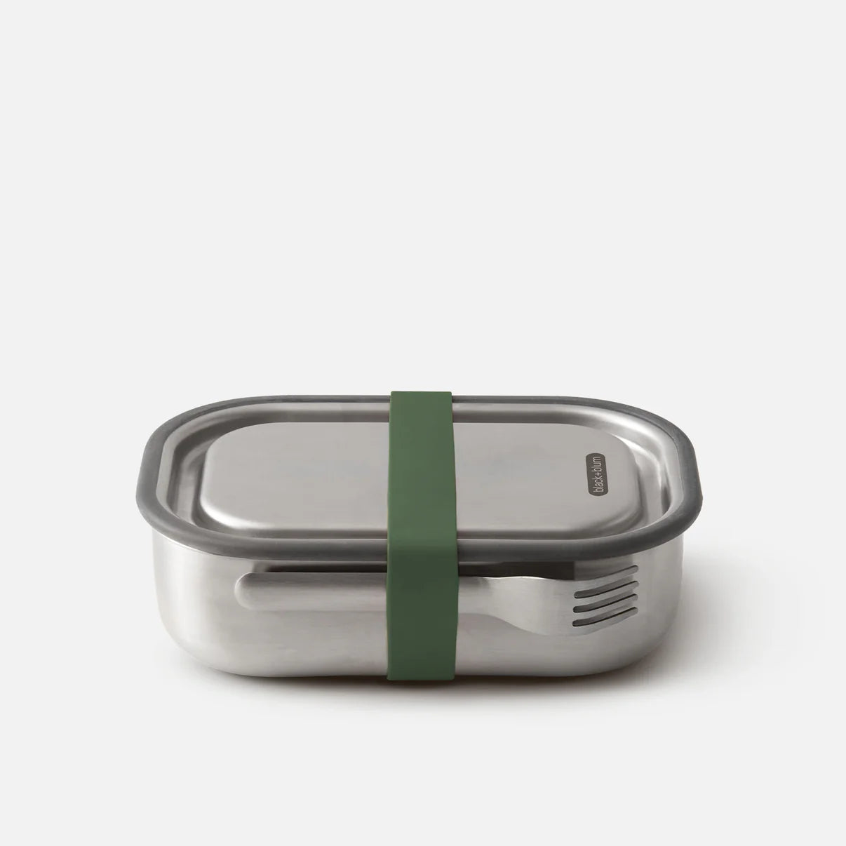 Stainless steel lunch box with a green strap on a white background