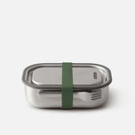 Stainless steel lunch box with a green strap on a white background