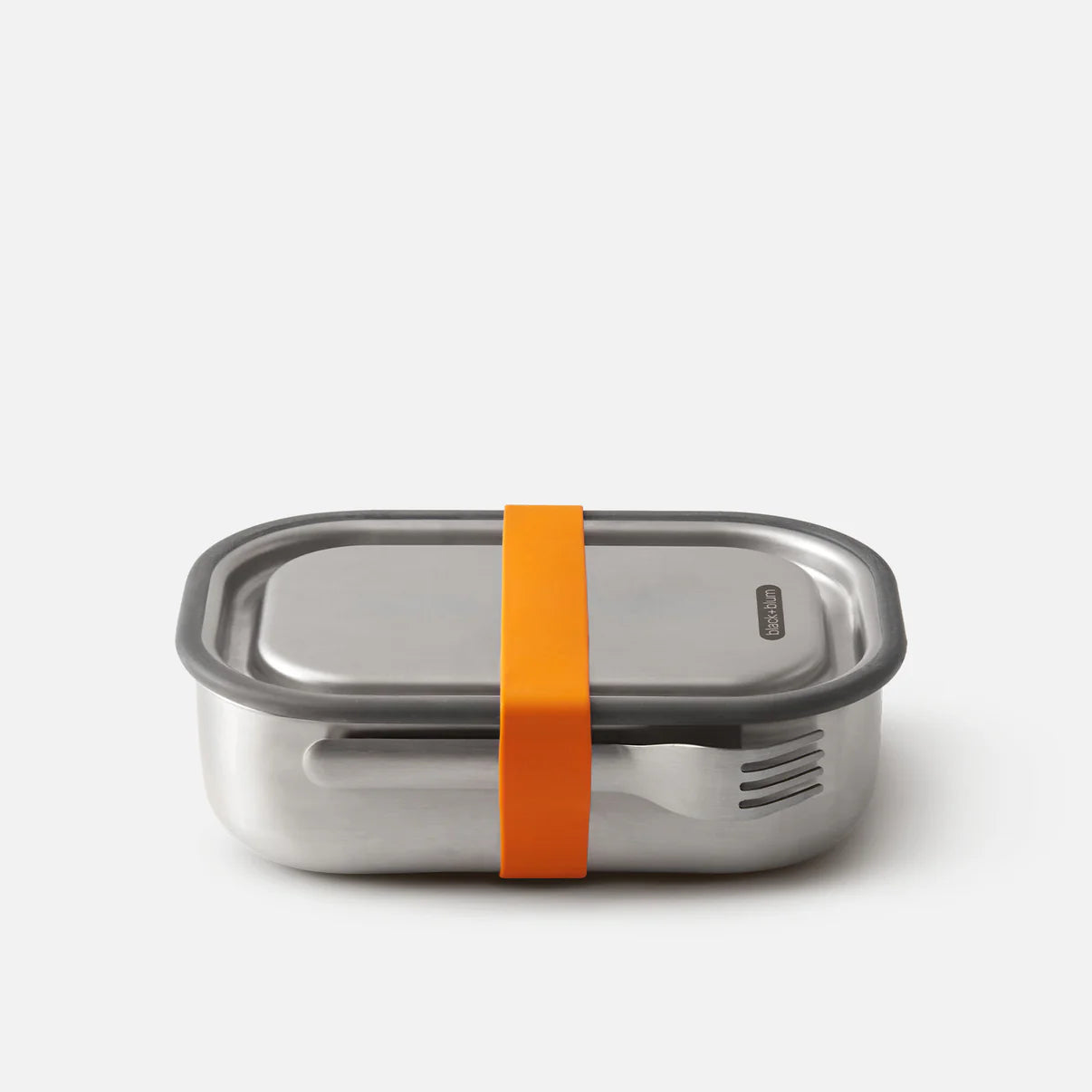 Stainless steel food container with an orange strap on a white background