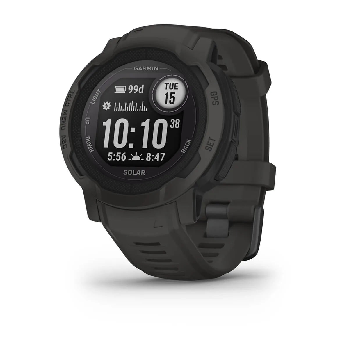 Black Garmin smartwatch on a white background